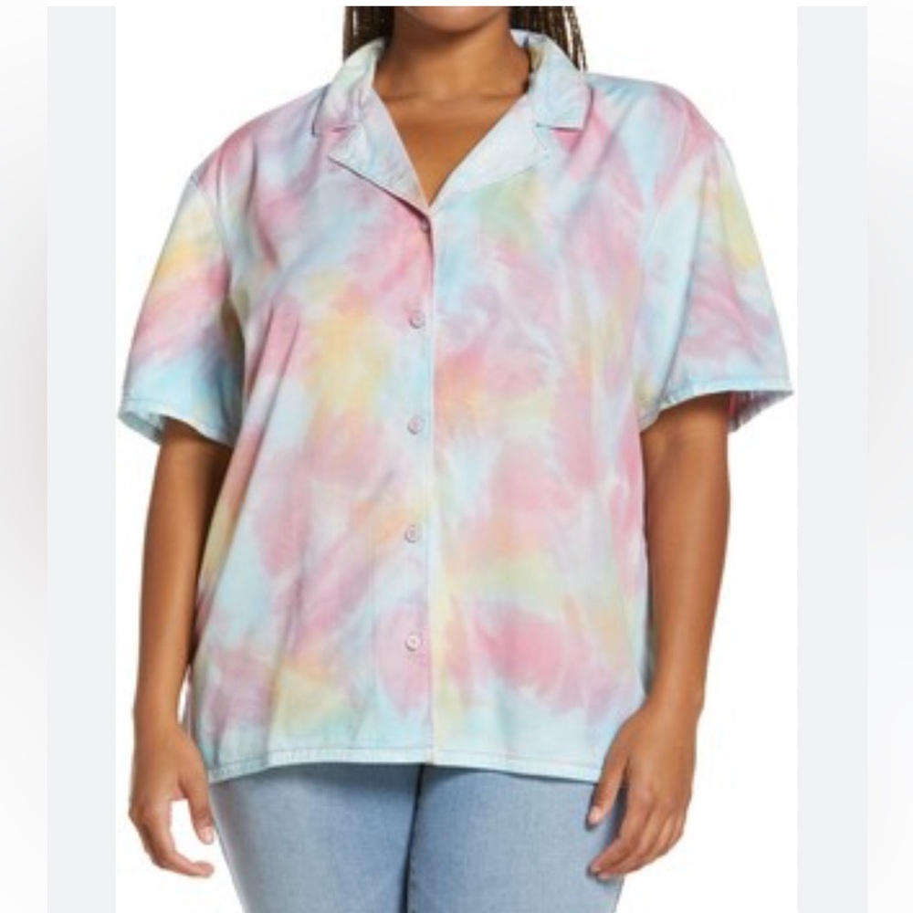 BP Button Front Shirt Multi-color Tie-dye Short‎ Sleeve Notch Collar Siz…